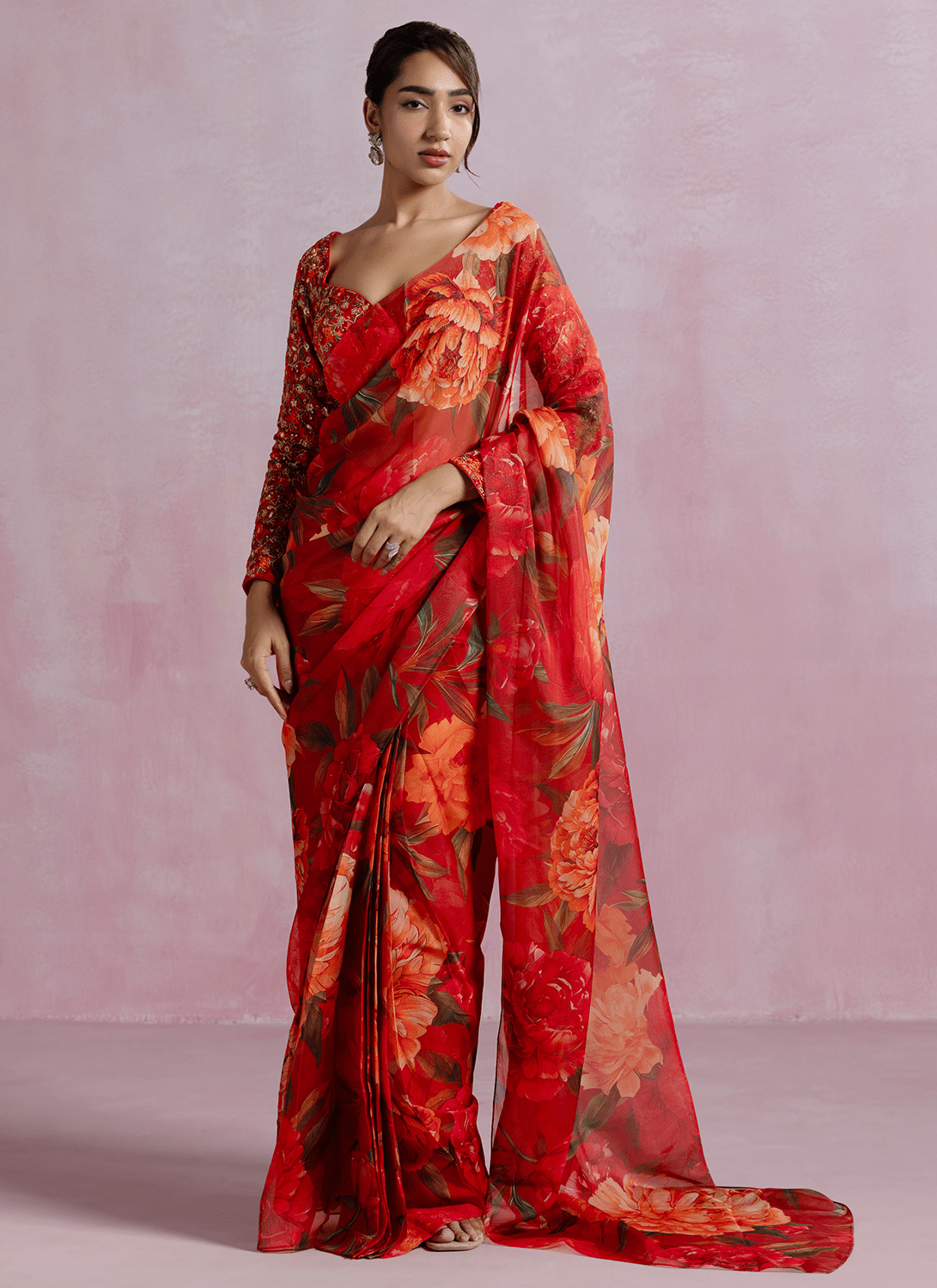 Orange Floral Printed Organza Saree - Lashkaraa
