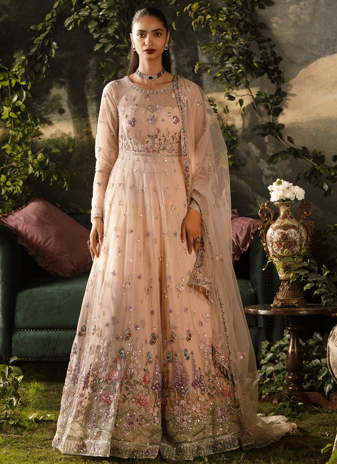 Peach Embroidered Net Anarkali - Lashkaraa