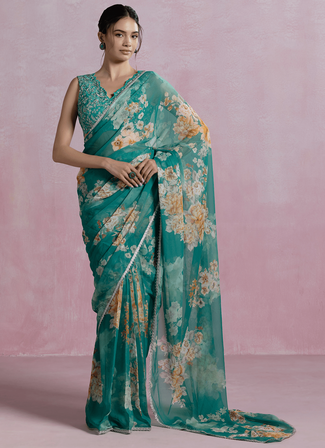 Peacock Green Floral Printed Organza Saree - Lashkaraa