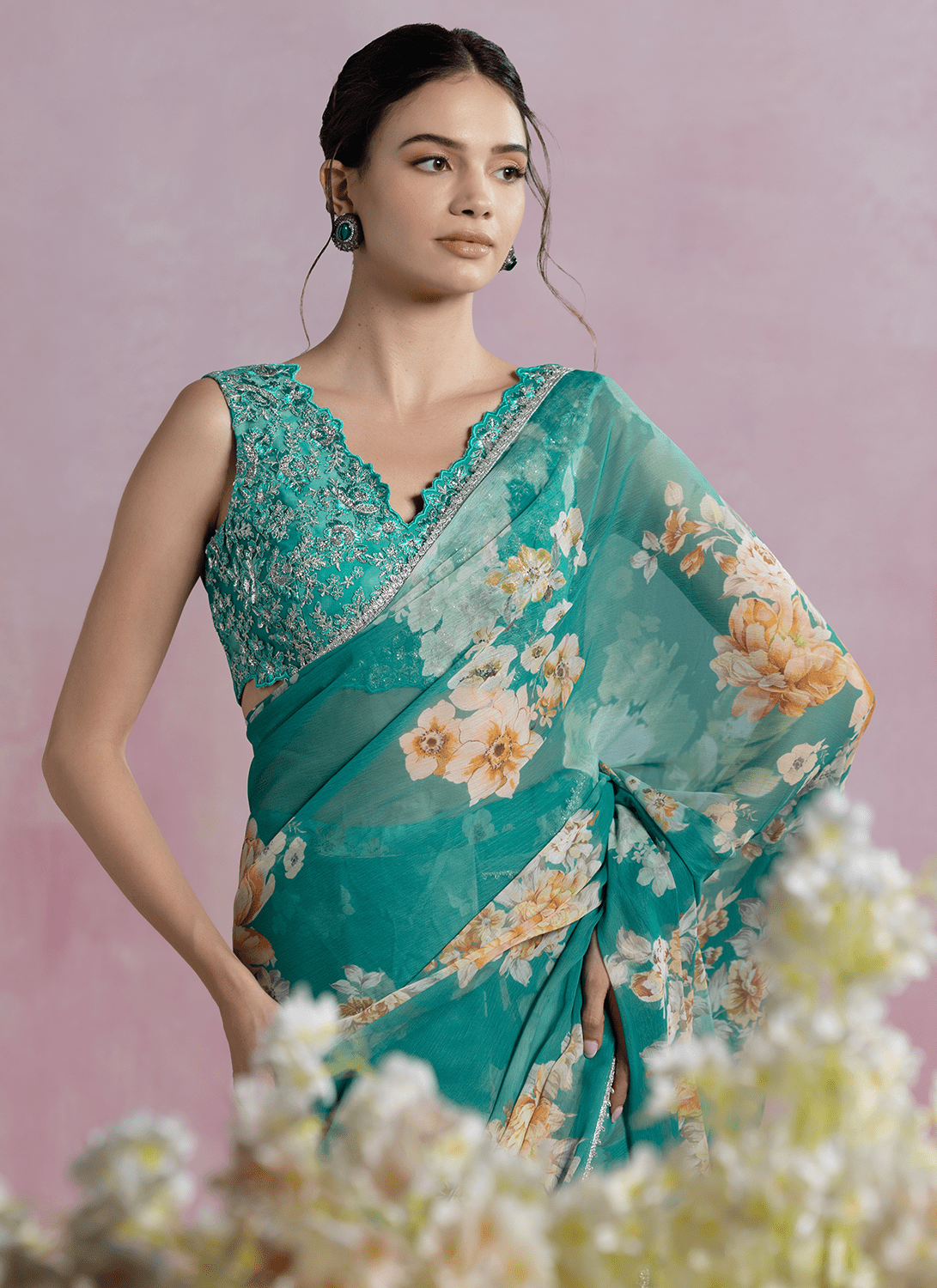 Peacock Green Floral Printed Organza Saree - Lashkaraa