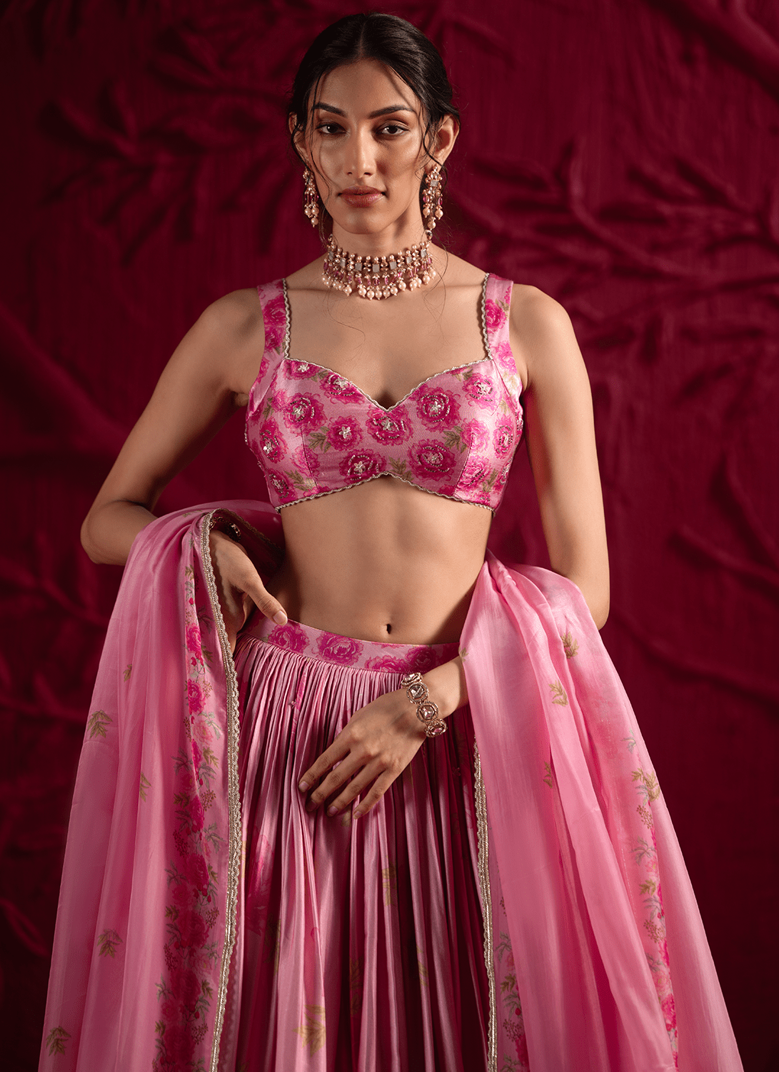 Pink Floral Embroidered Satin Georgette Lehenga - Lashkaraa