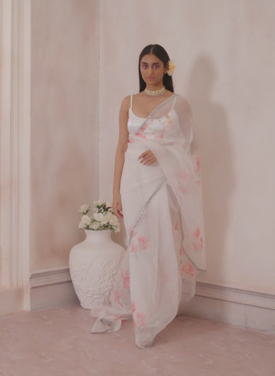 White and Red Floral Organza Saree