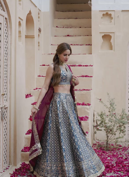 Blue and Maroon Embroidered Lehenga