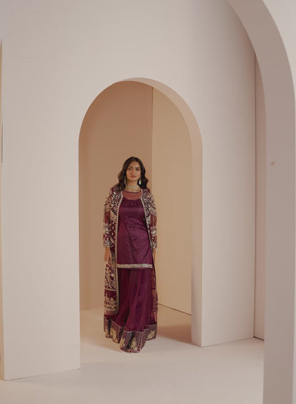 Wine Embroidered Sharara Suit