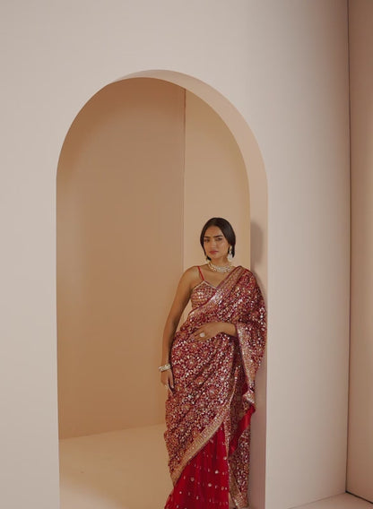 Red Embroidered Gharara Saree