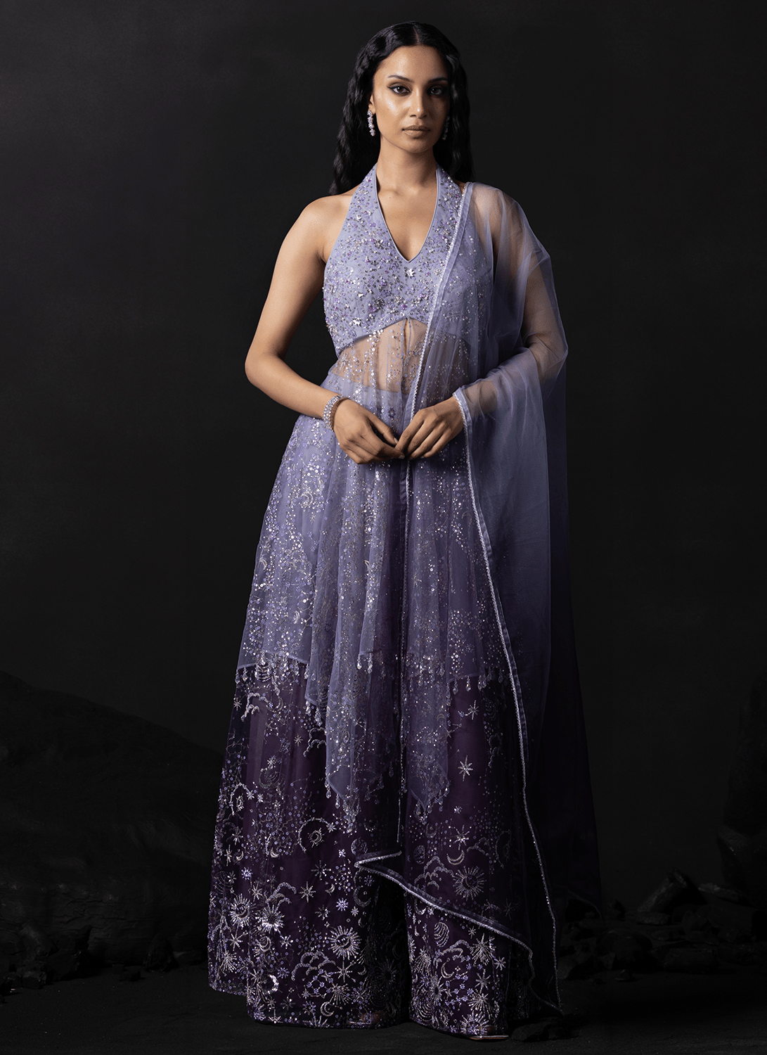 Purple Embroidered Net Sharara - Lashkaraa