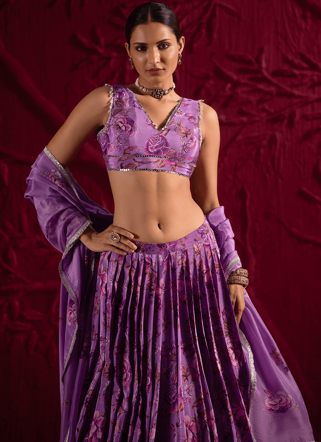 Purple Floral Embroidered Crepe Silk Lehenga - Lashkaraa