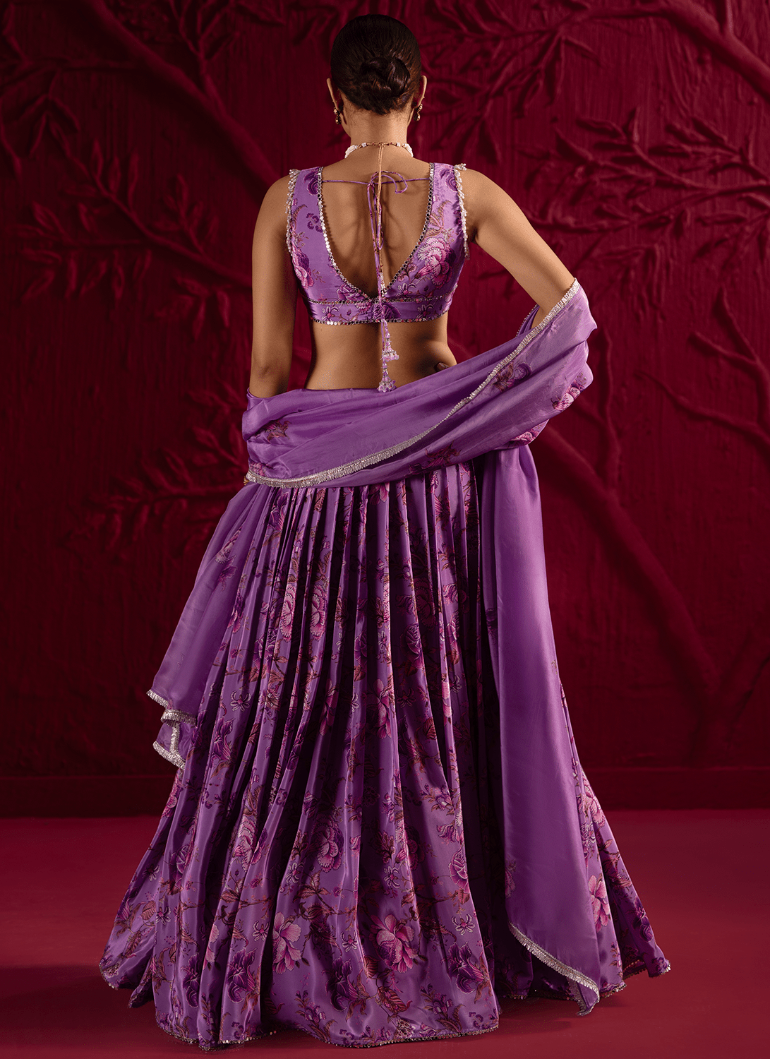 Purple Floral Embroidered Crepe Silk Lehenga - Lashkaraa