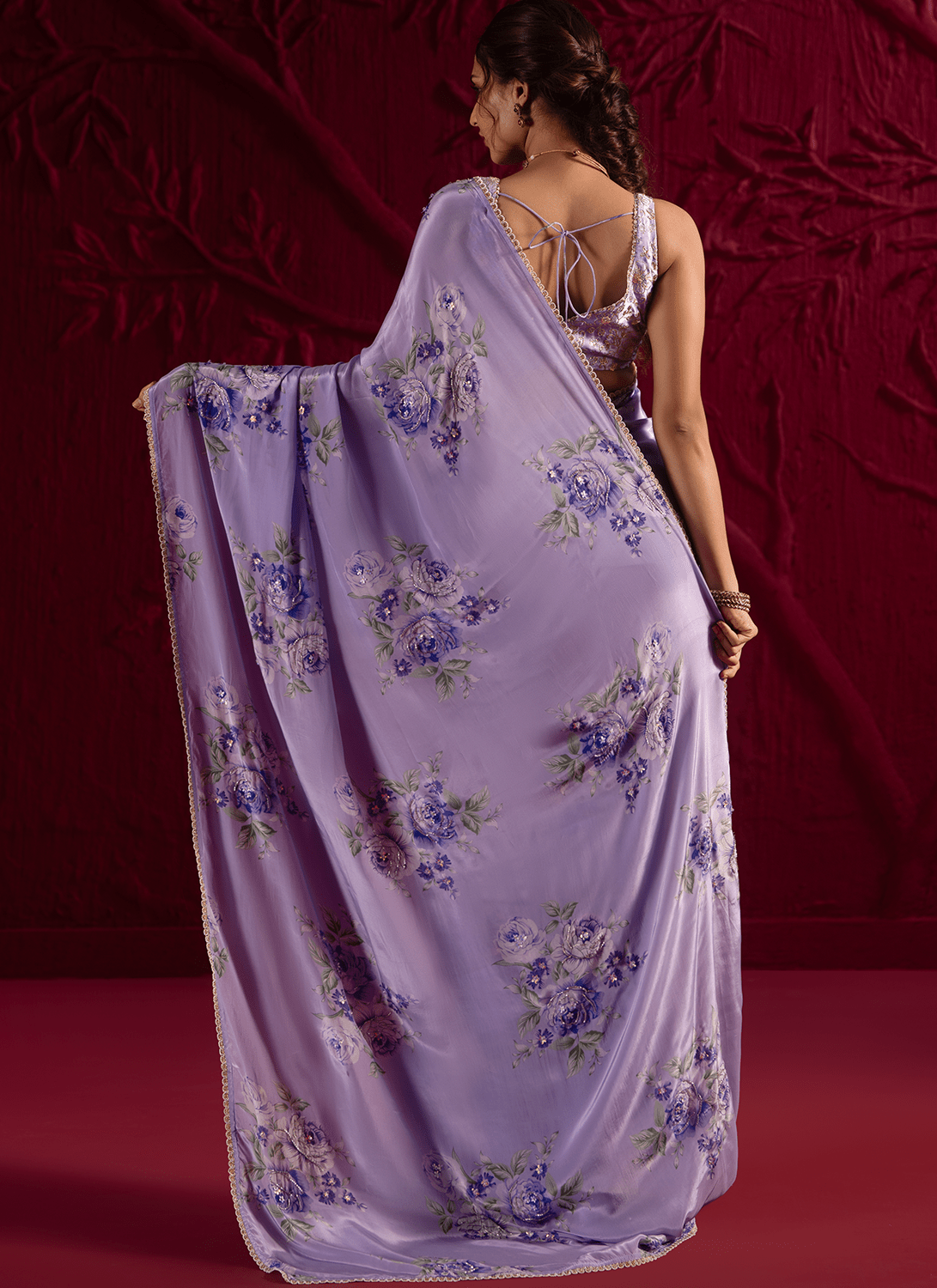 Purple Floral Embroidered Crepe Silk Saree - Lashkaraa