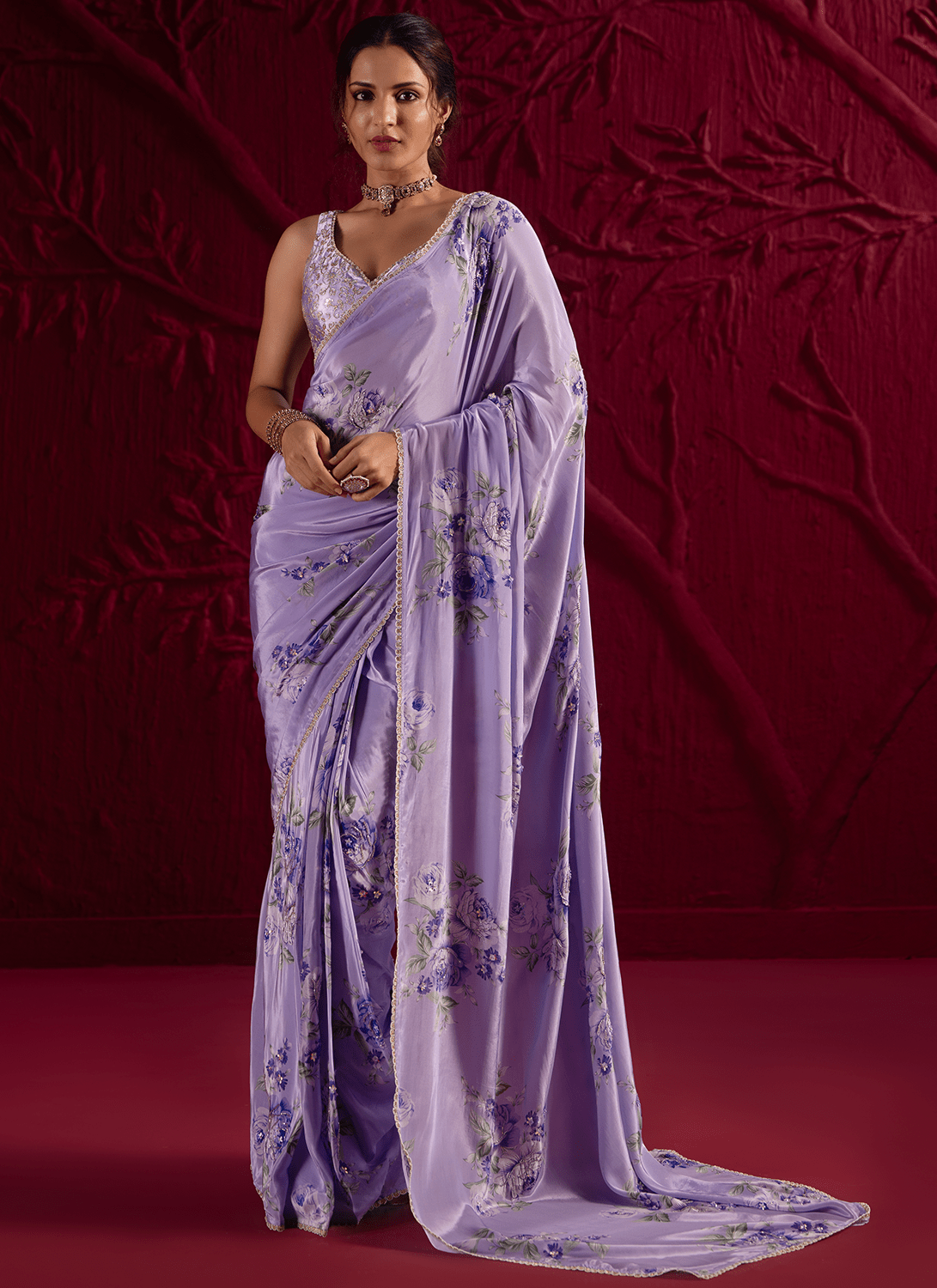 Purple Floral Embroidered Crepe Silk Saree - Lashkaraa