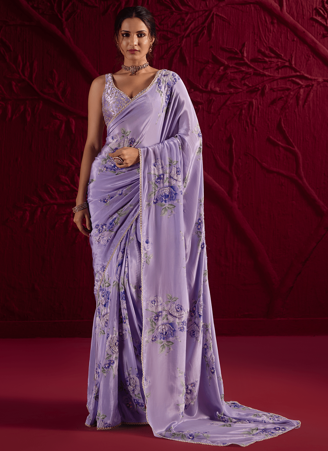 Purple Floral Embroidered Crepe Silk Saree - Lashkaraa