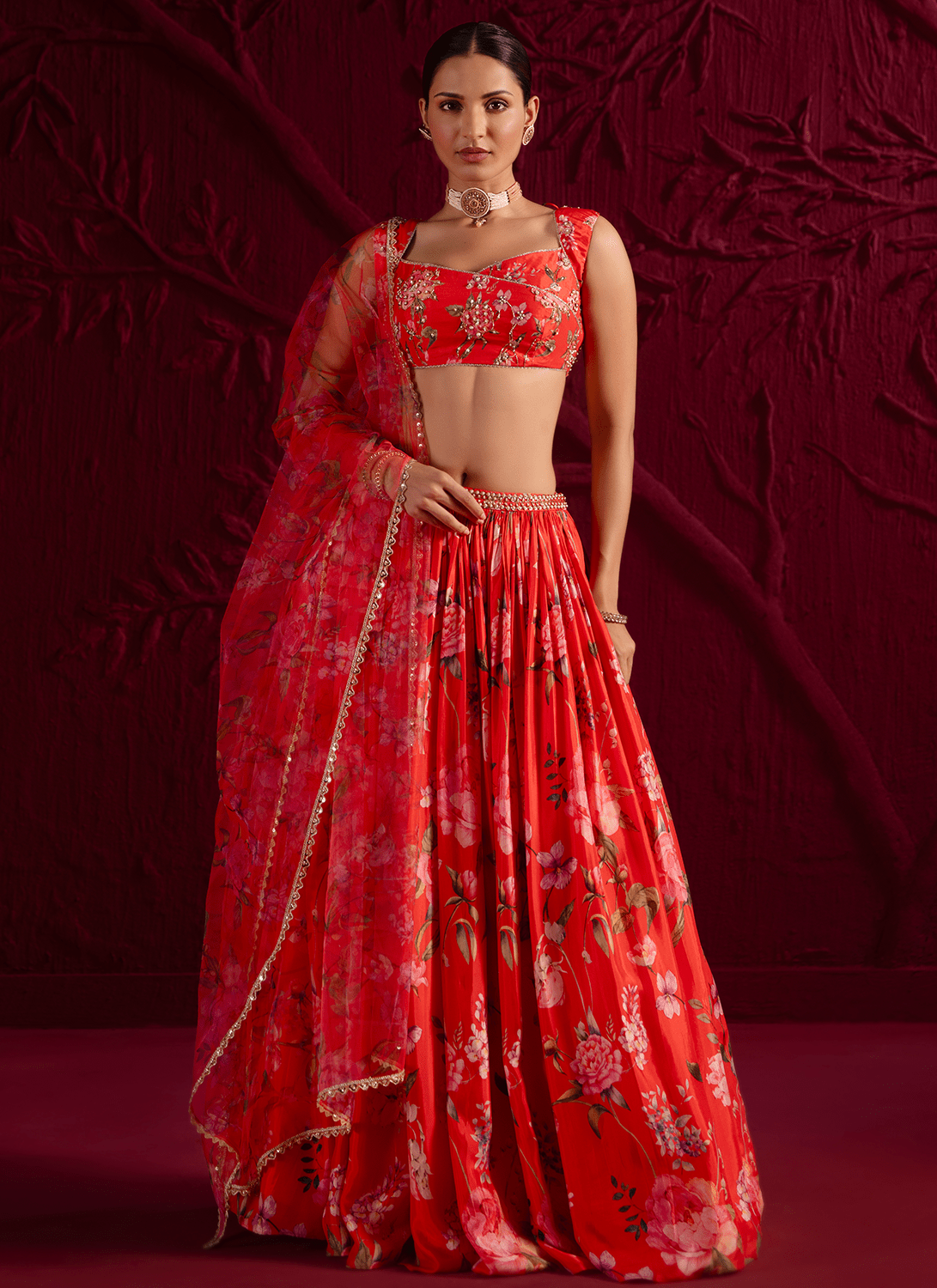 Red Floral Embroidered Viscose Satin Georgette Lehenga - Lashkaraa
