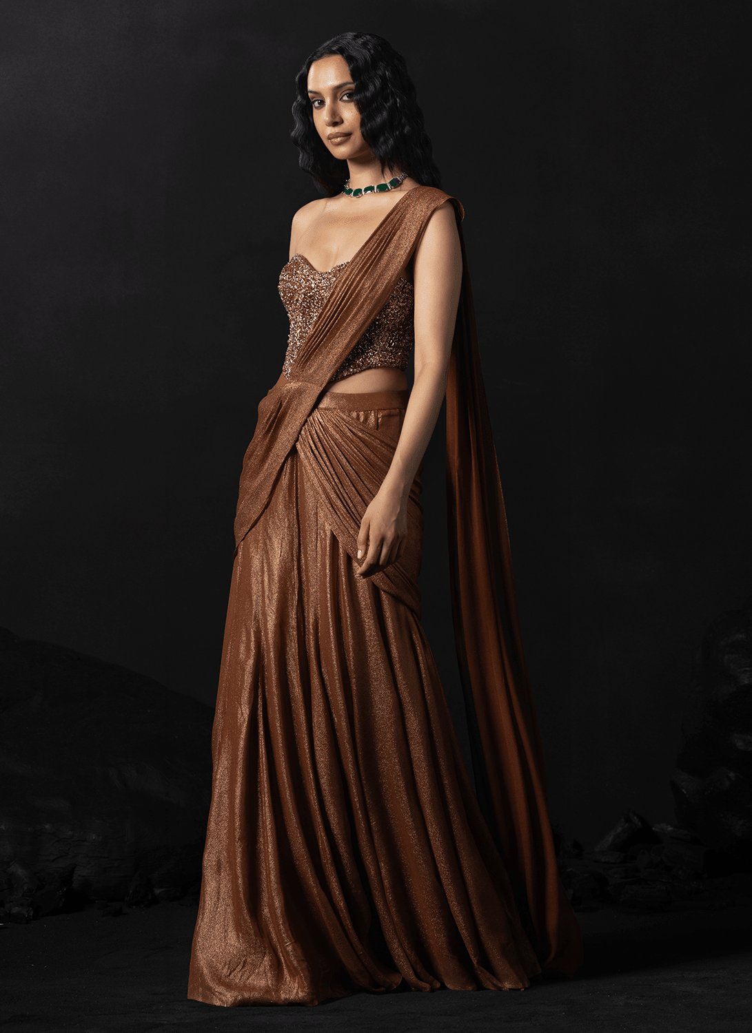Rust Brown Embroidered Georgette Saree - Lashkaraa