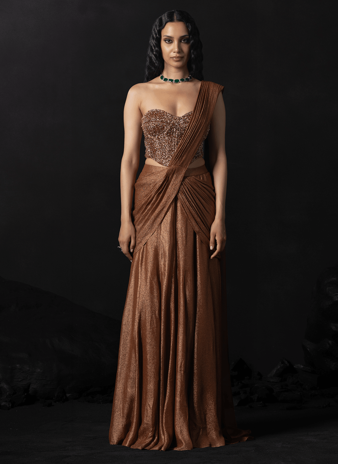 Rust Brown Embroidered Georgette Saree - Lashkaraa
