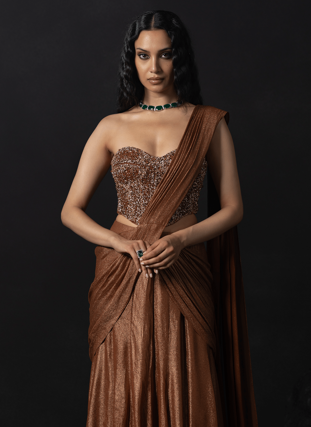 Rust Brown Embroidered Georgette Saree - Lashkaraa