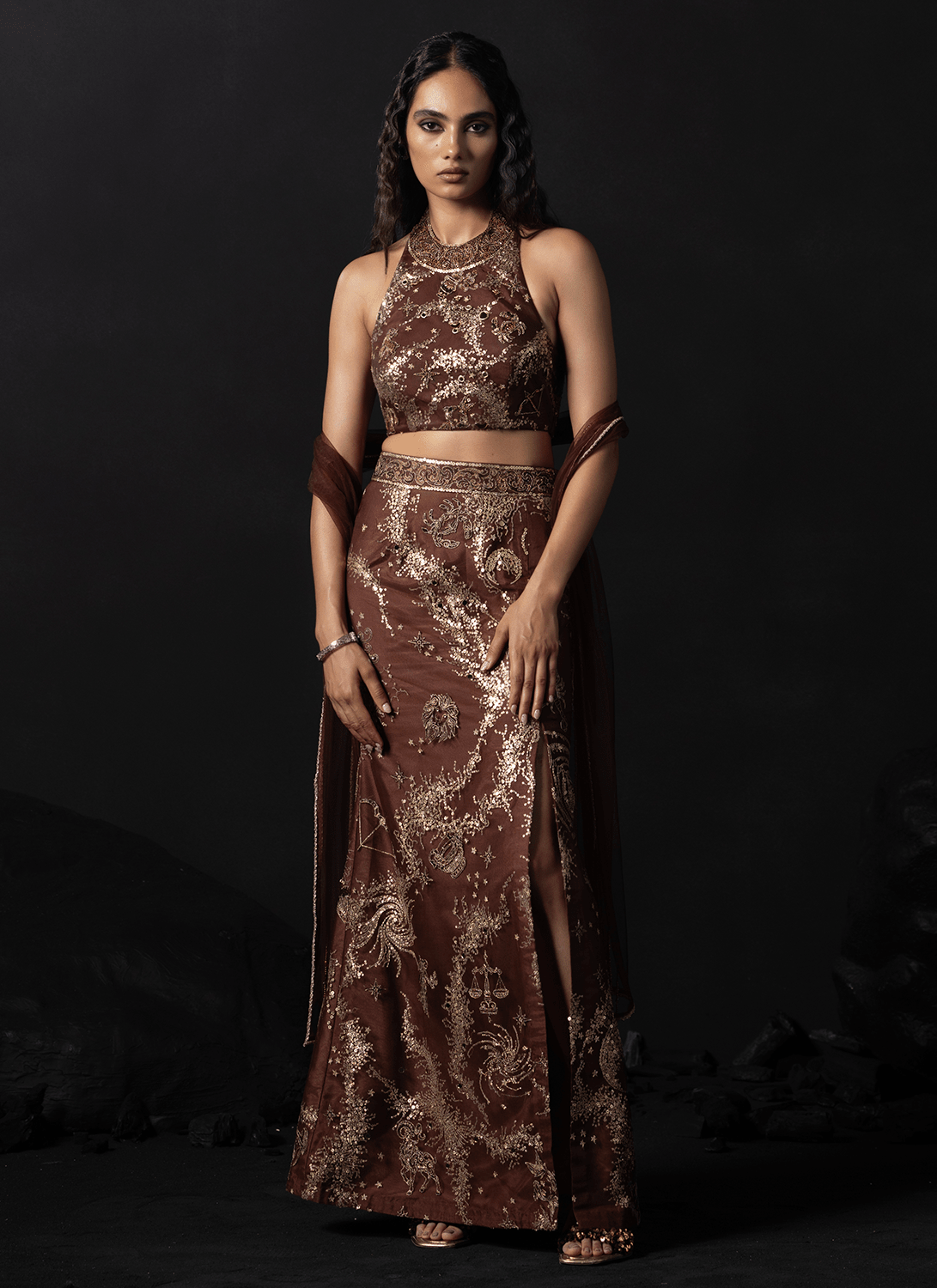 Rust Embroidered Net Lehenga - Lashkaraa