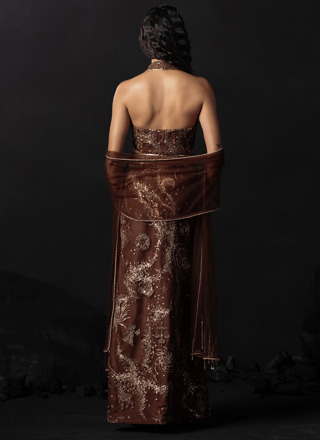 Rust Embroidered Net Lehenga - Lashkaraa