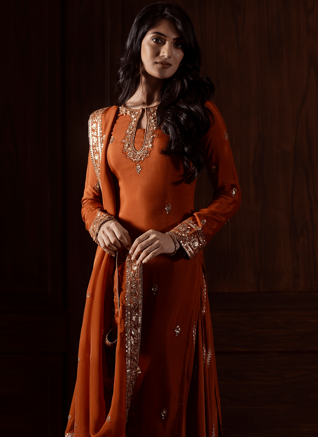 Rust Embroidered Organza Sharara - Lashkaraa