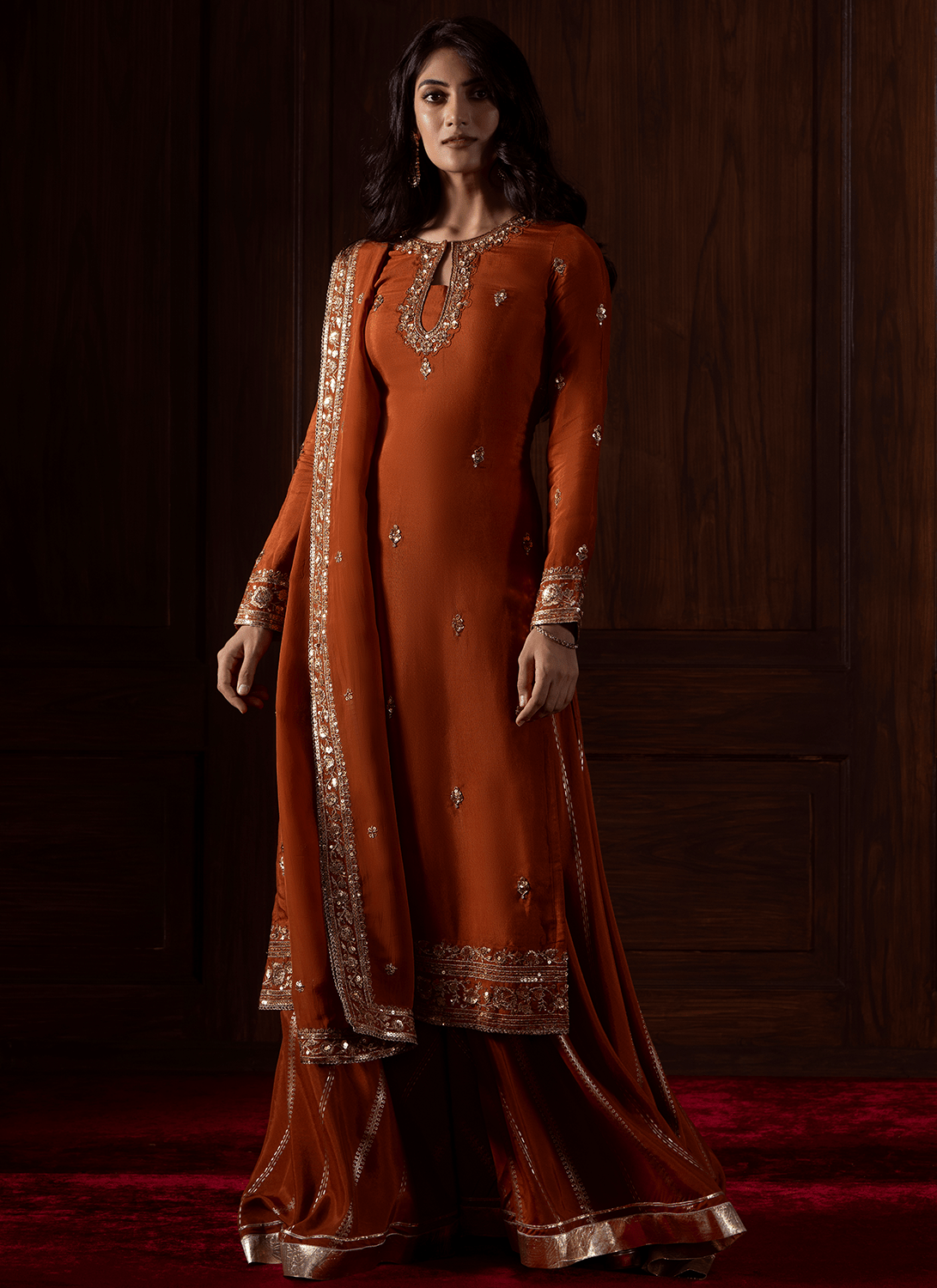 Rust Embroidered Organza Sharara - Lashkaraa