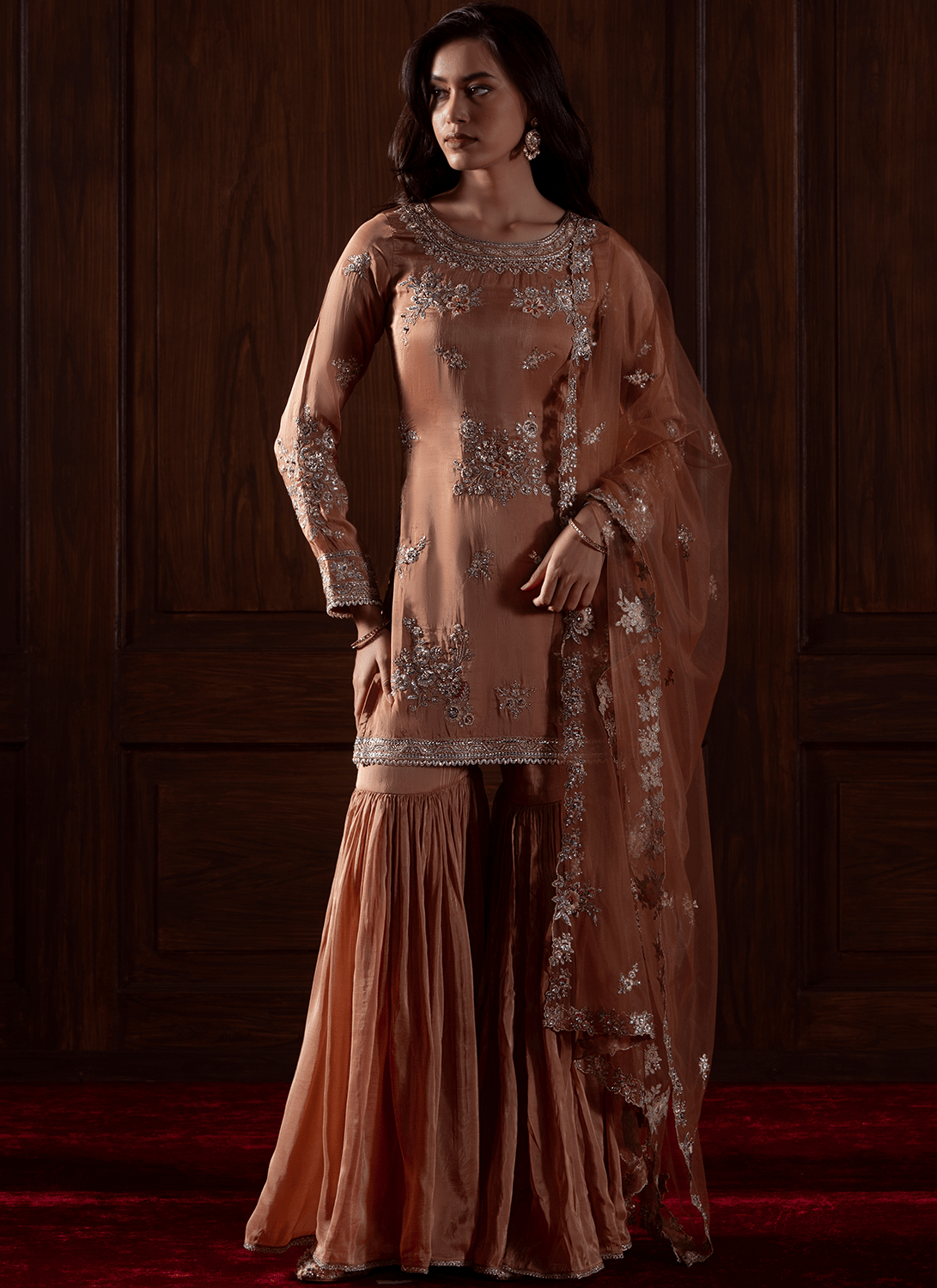 Rust Embroidered Silk Gharara - Lashkaraa