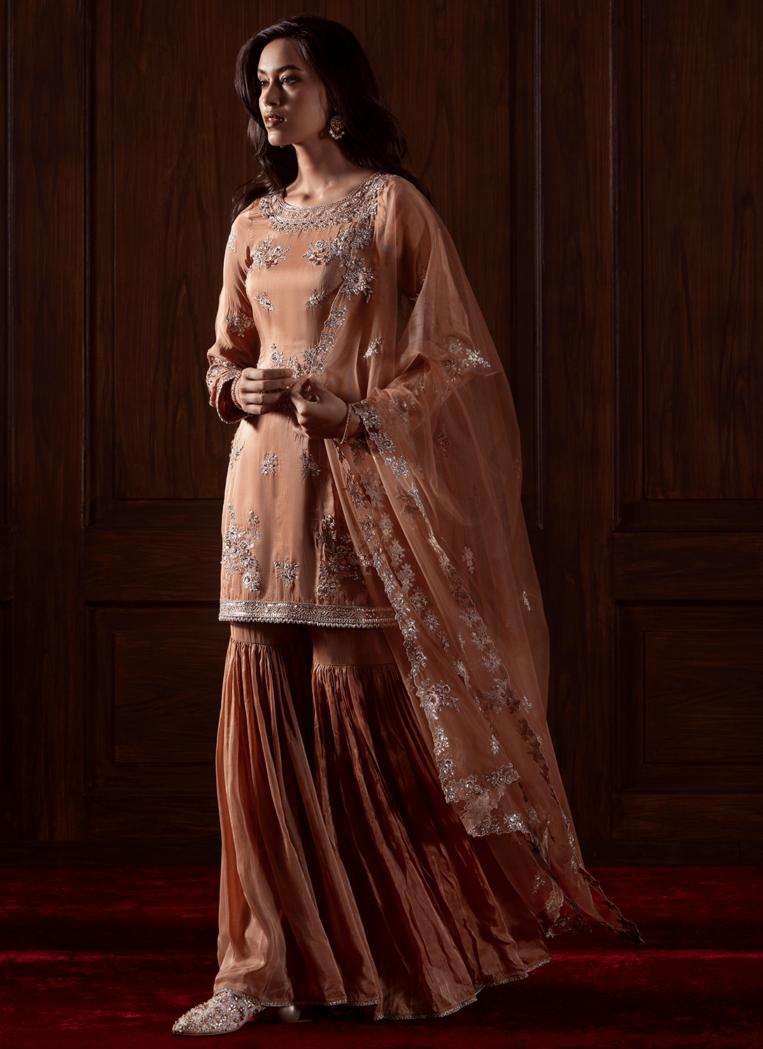 Rust Embroidered Silk Gharara - Lashkaraa