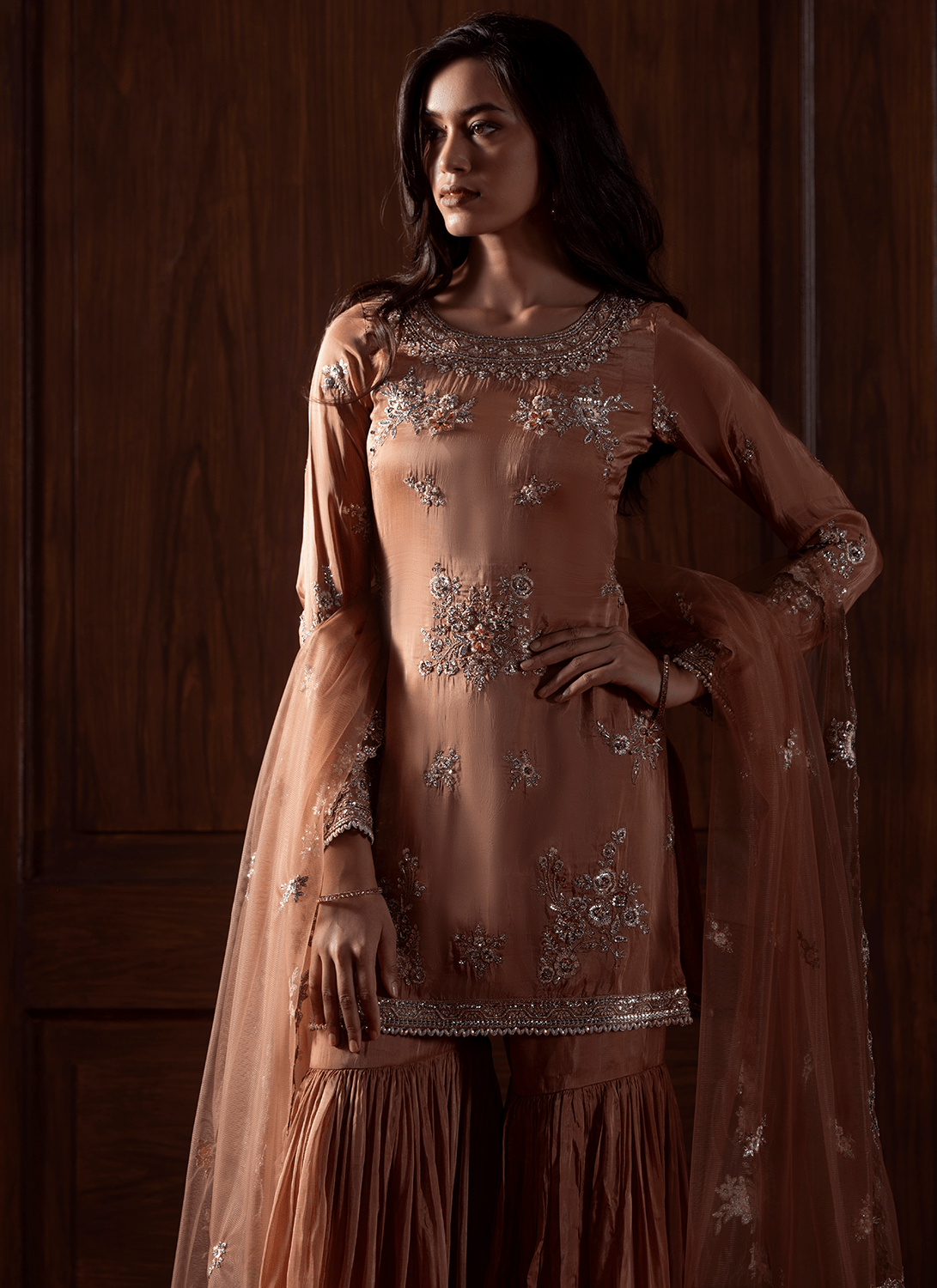 Rust Embroidered Silk Gharara - Lashkaraa