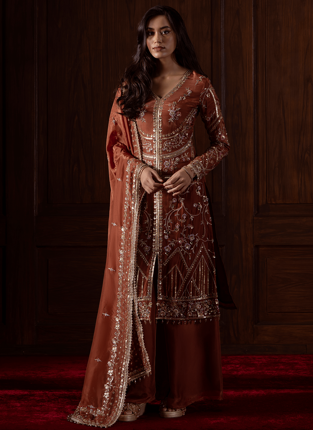 Rust Embroidered Silk Palazzo Suit - Lashkaraa