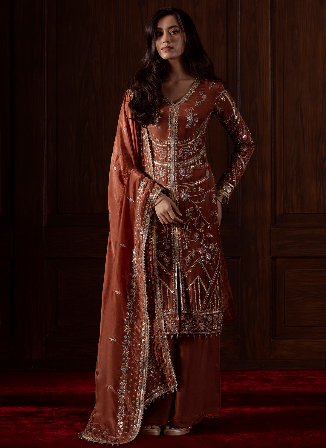 Rust Embroidered Silk Palazzo Suit - Lashkaraa