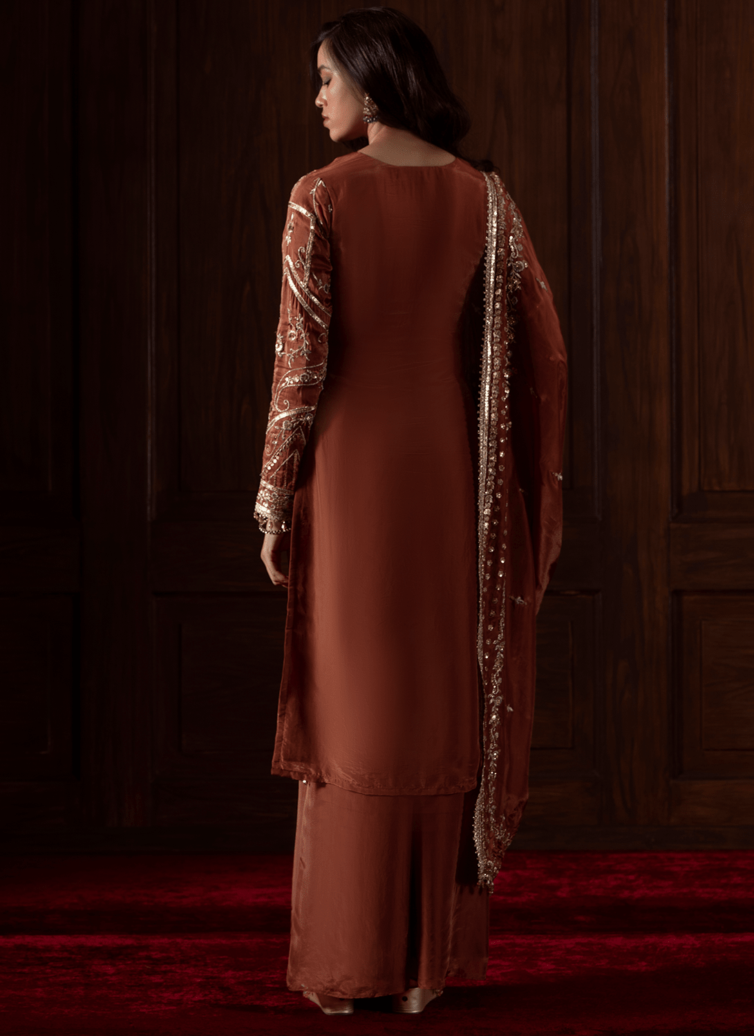 Rust Embroidered Silk Palazzo Suit - Lashkaraa