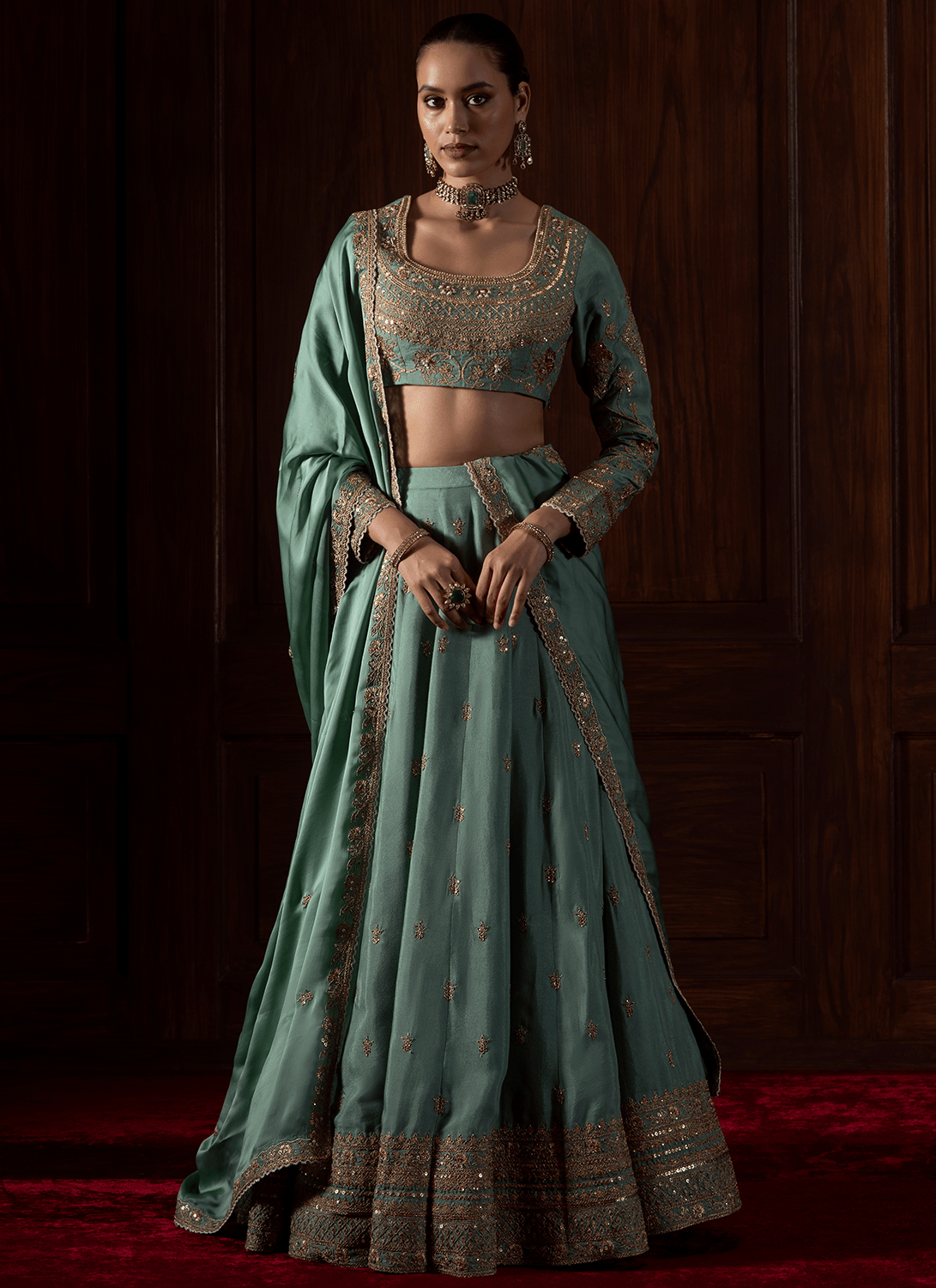 Sea Green Embroidered Organza Lehenga - Lashkaraa
