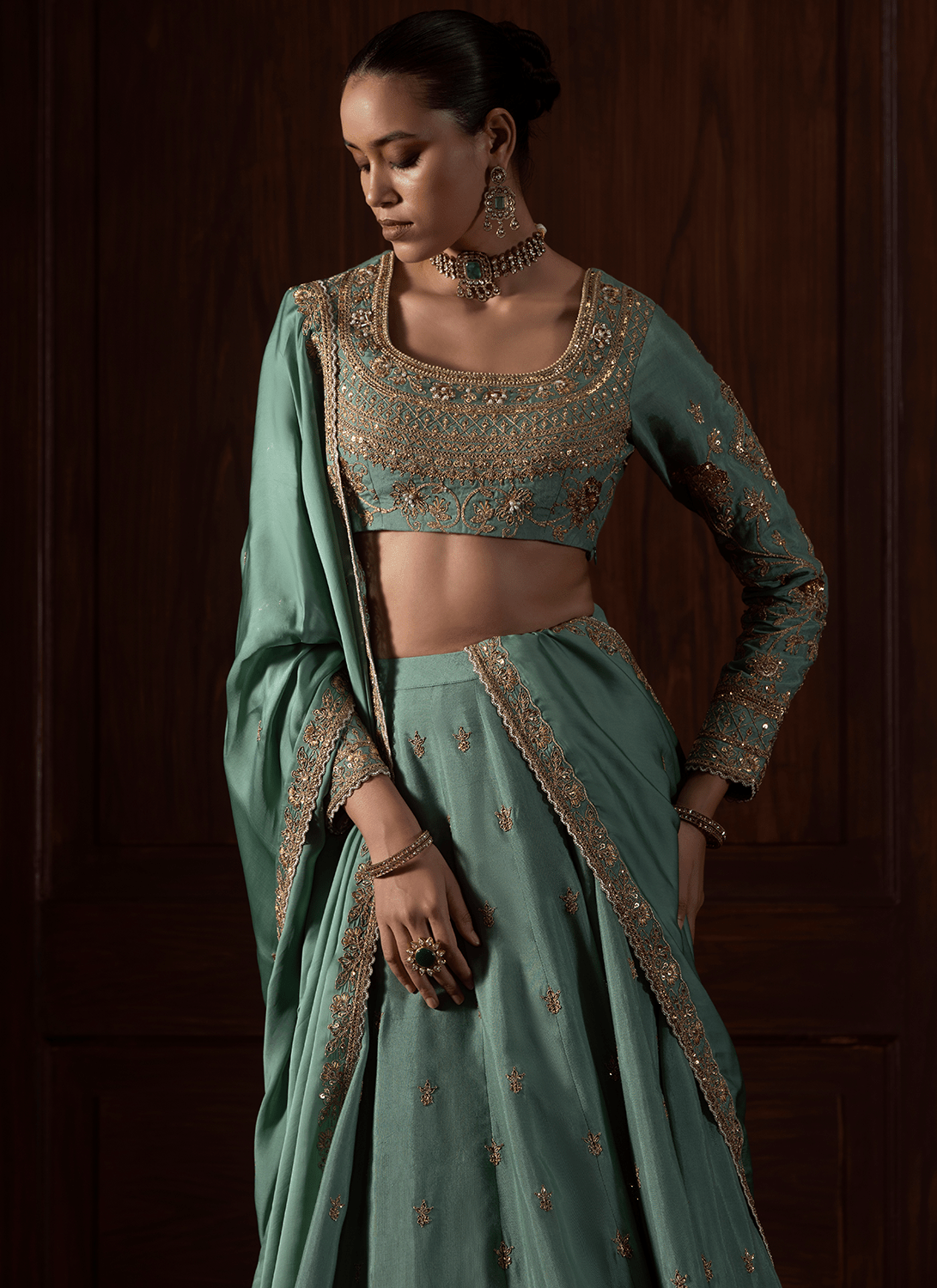 Sea Green Embroidered Organza Lehenga - Lashkaraa