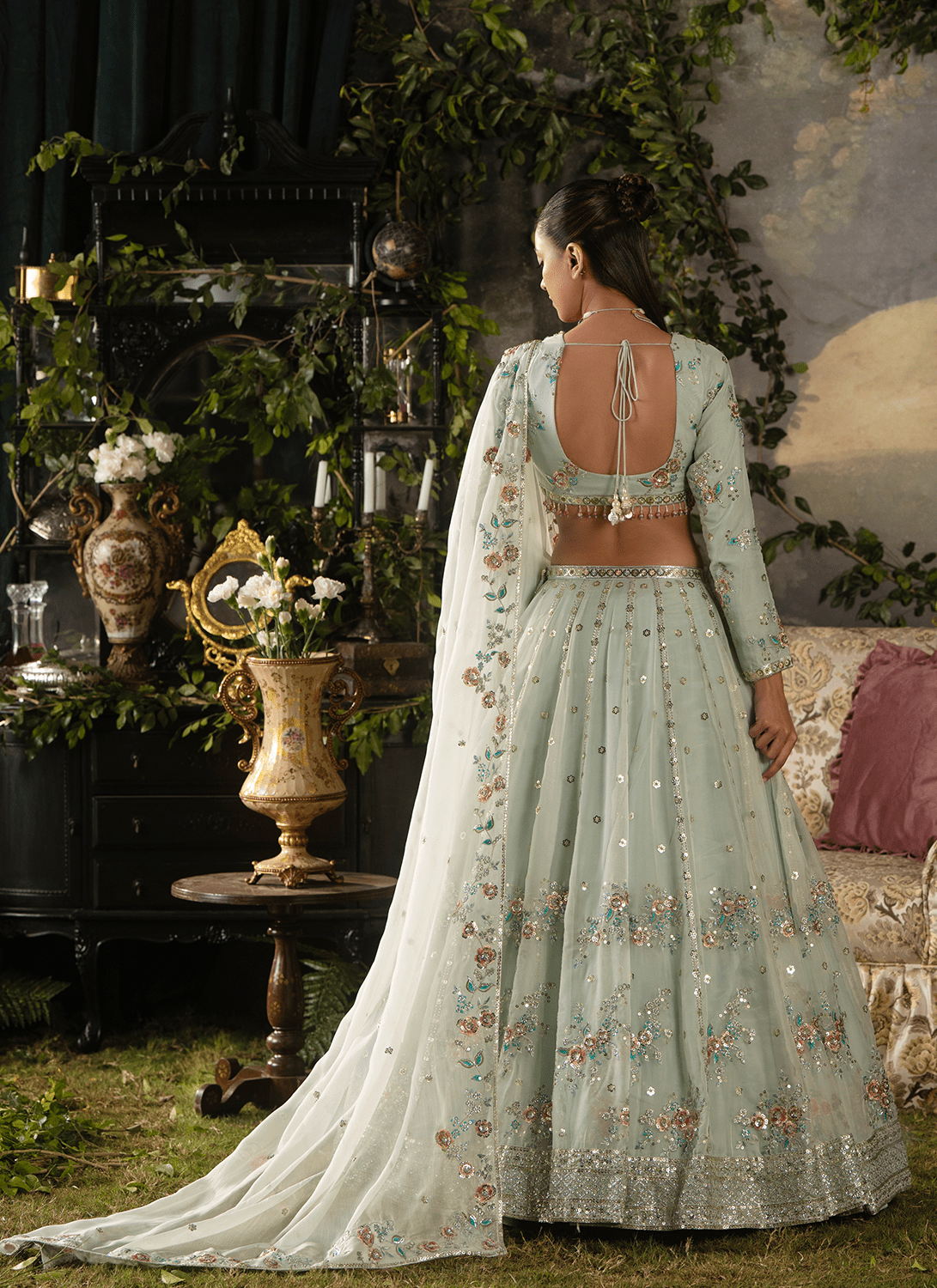 Sky Blue Embroidered Silk Lehenga - Lashkaraa