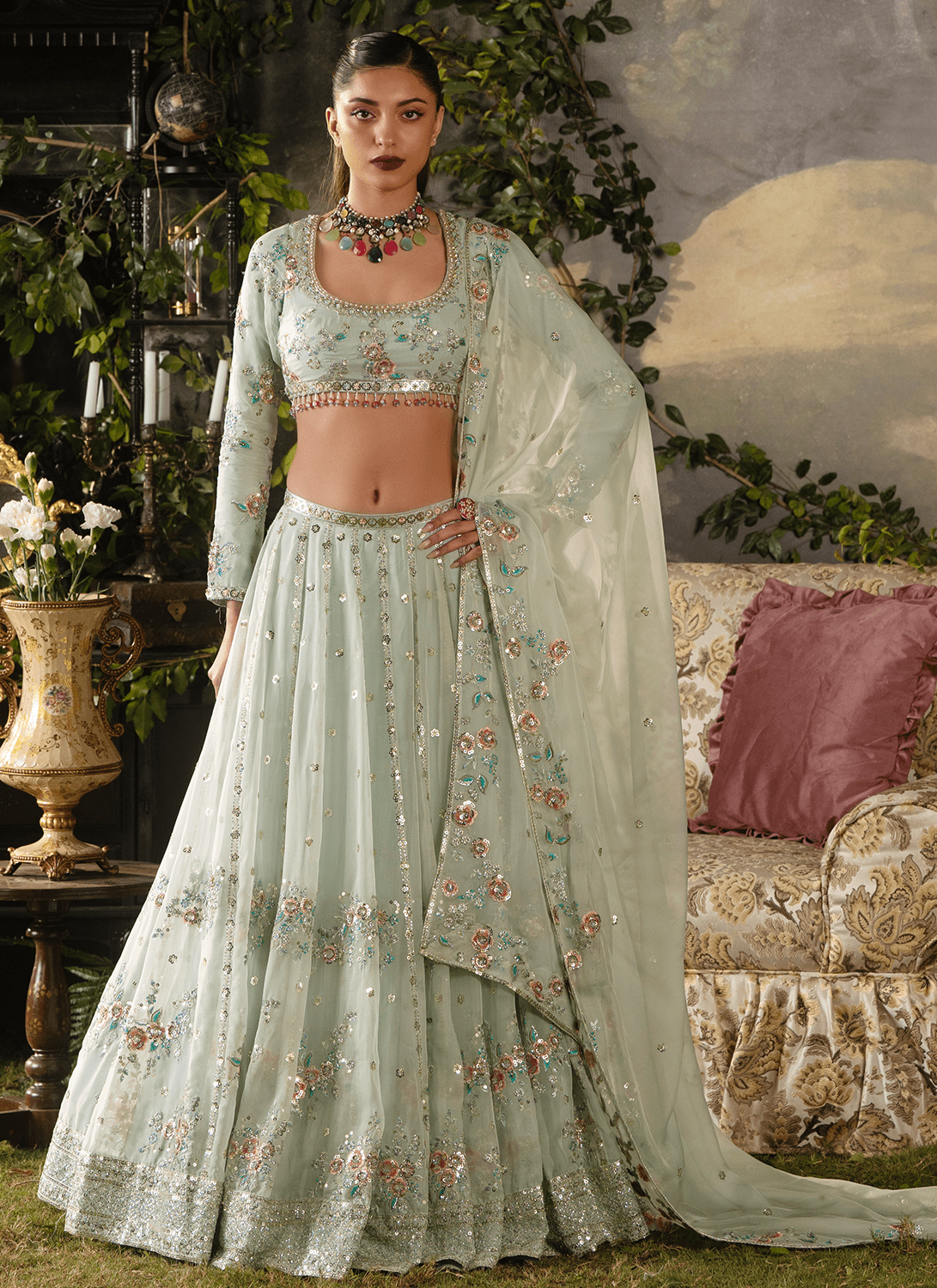 Sky Blue Embroidered Silk Lehenga - Lashkaraa