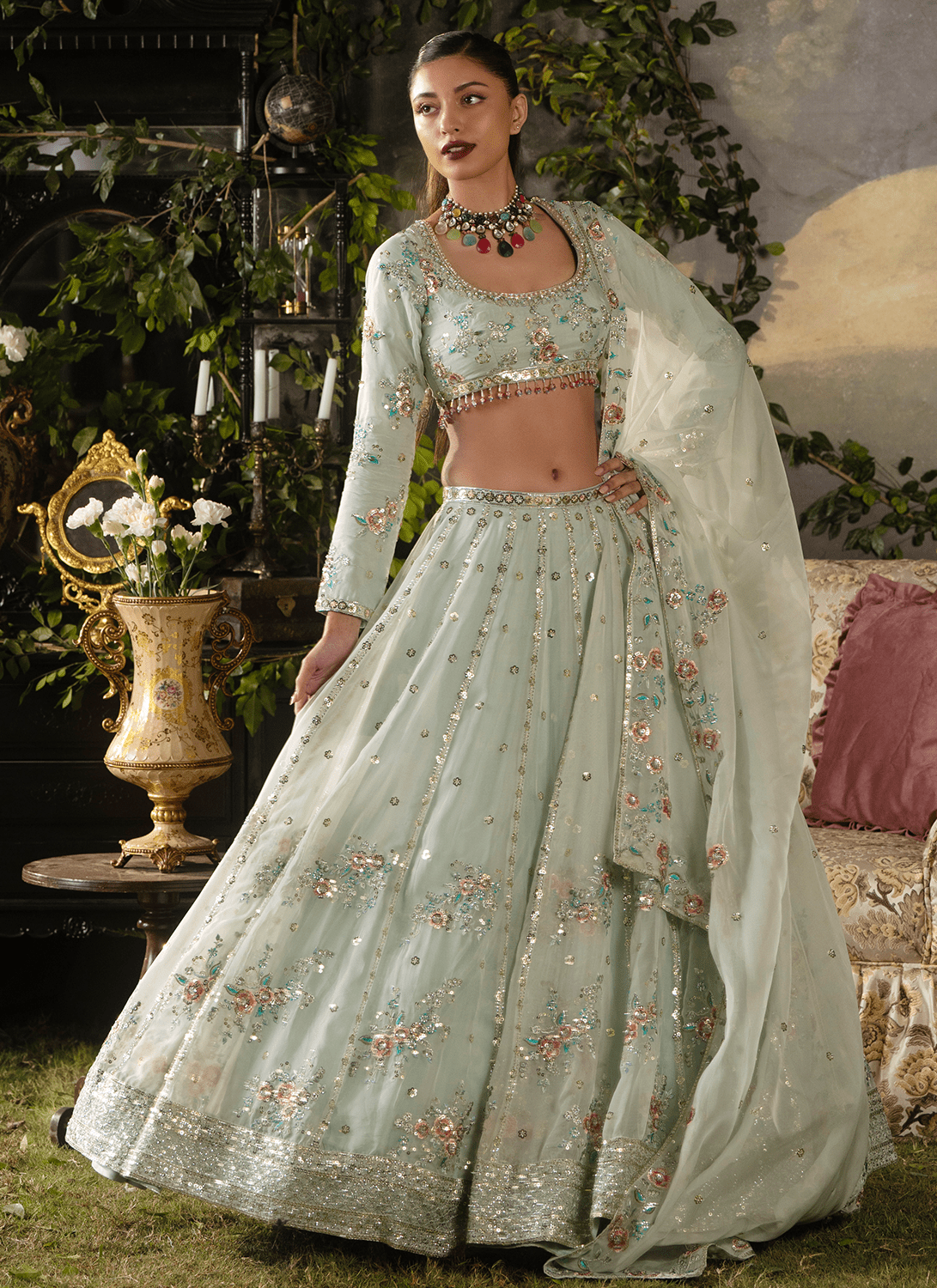 Sky Blue Embroidered Silk Lehenga - Lashkaraa