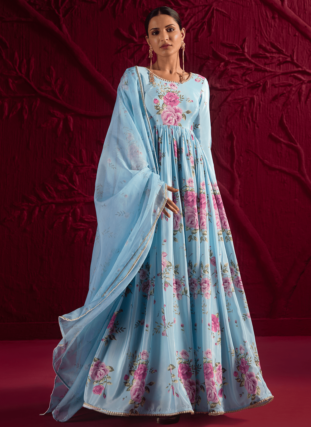 Sky Blue Floral Embroidered Crepe Anarkali - Lashkaraa
