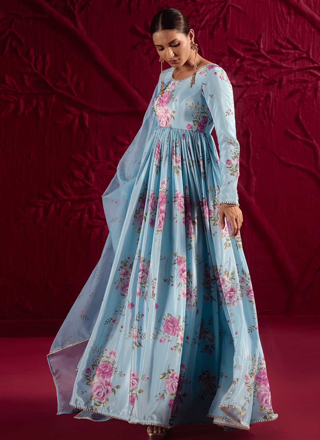 Sky Blue Floral Embroidered Crepe Anarkali - Lashkaraa