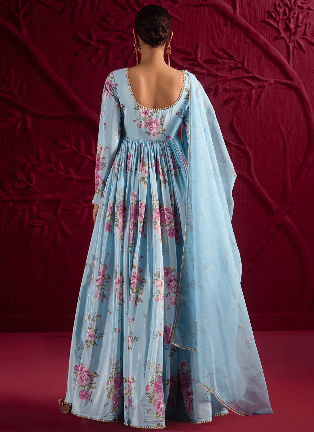 Sky Blue Floral Embroidered Crepe Anarkali - Lashkaraa