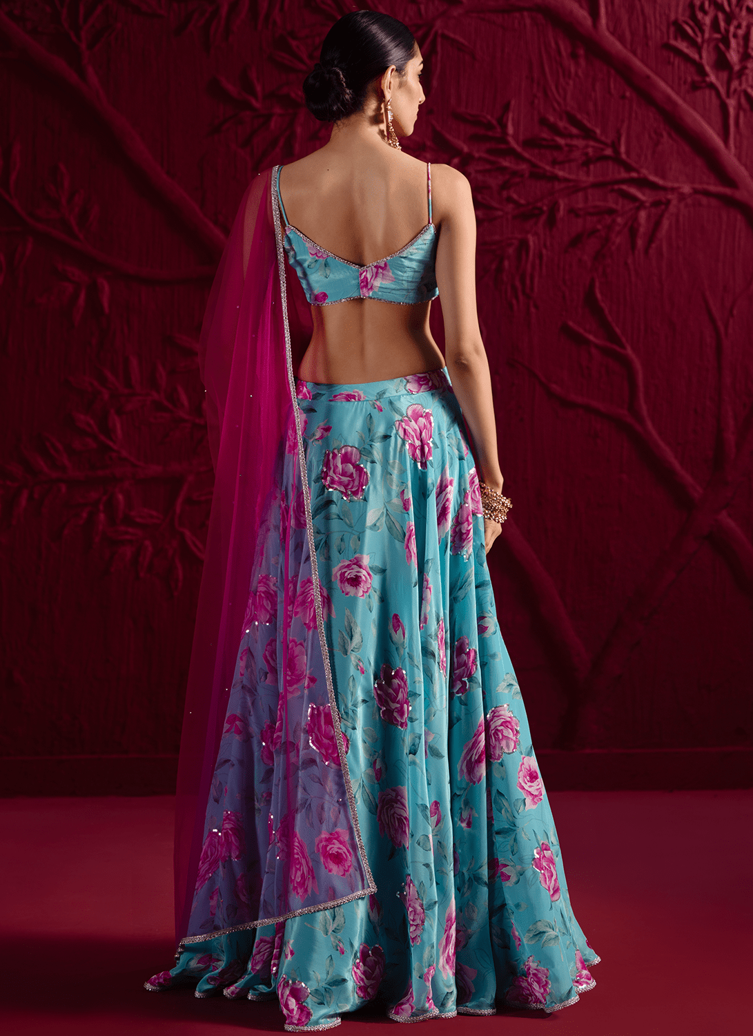 Sky Blue Floral Embroidered Crepe Silk Lehenga - Lashkaraa