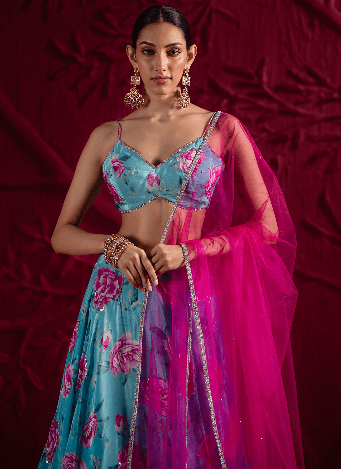 Sky Blue Floral Embroidered Crepe Silk Lehenga - Lashkaraa
