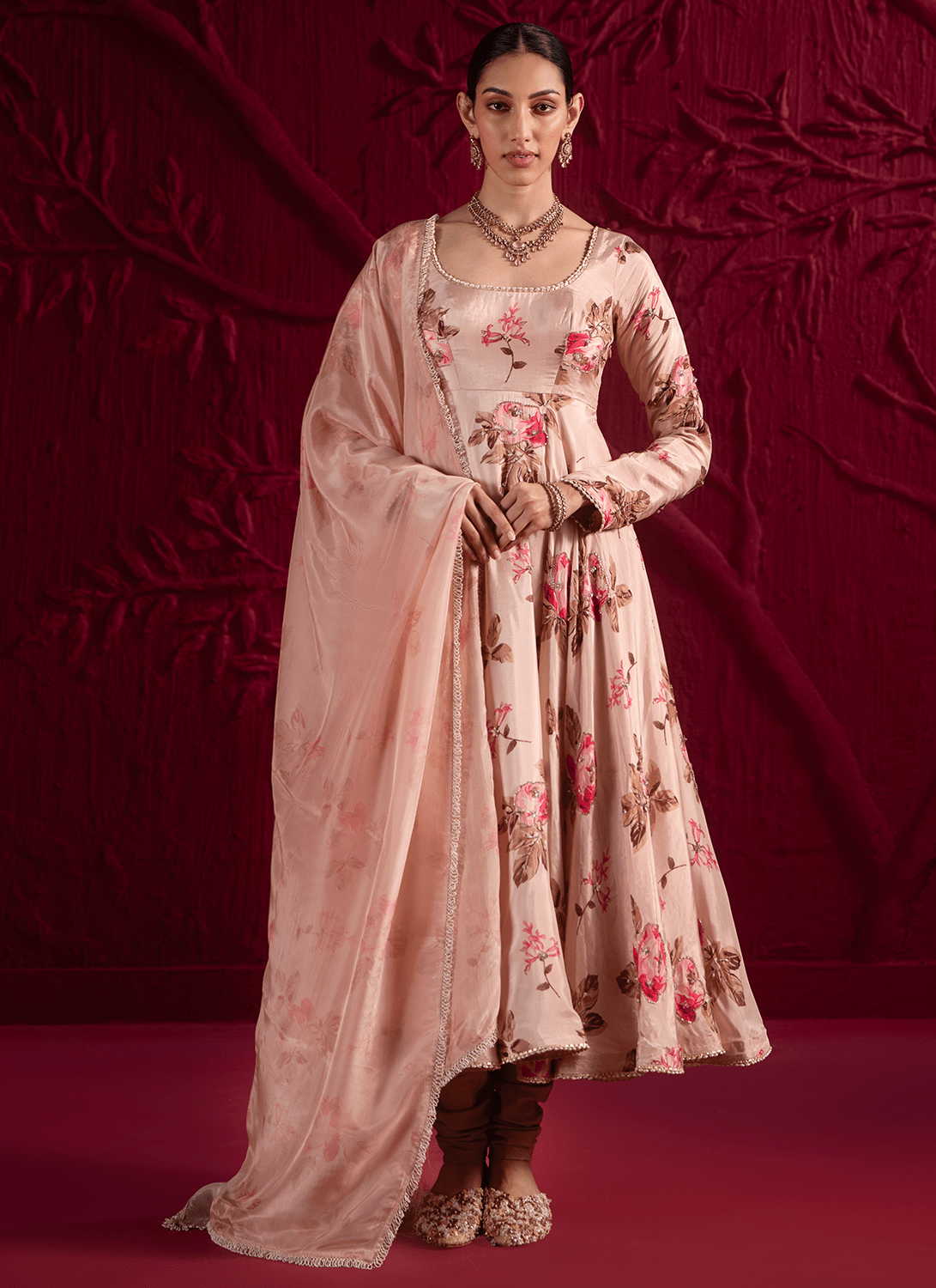 Soft Champagne Pink Floral Embroidered Anarkali - Lashkaraa