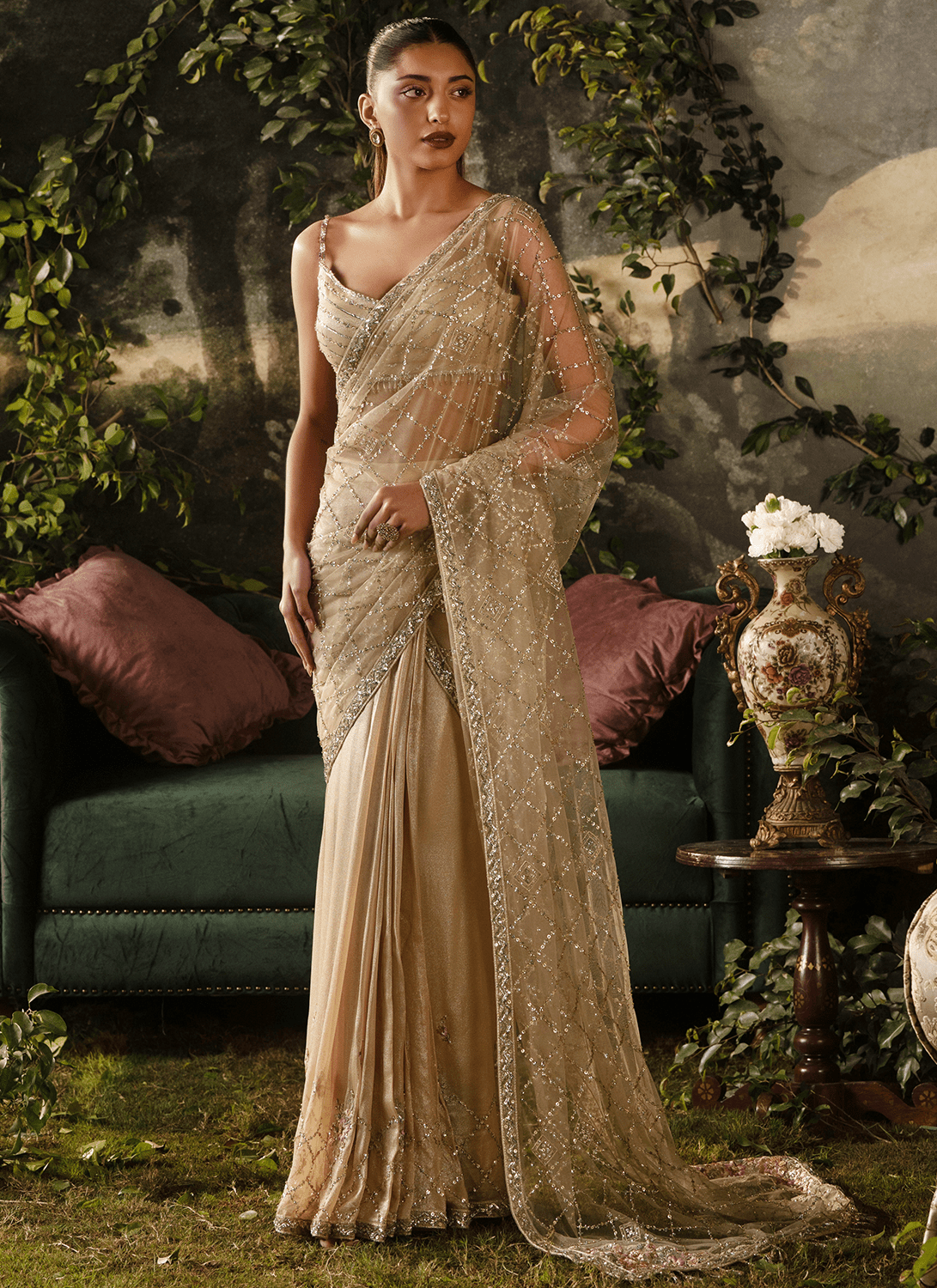 Soft Gold Embroidered Viscose Georgette Saree - Lashkaraa