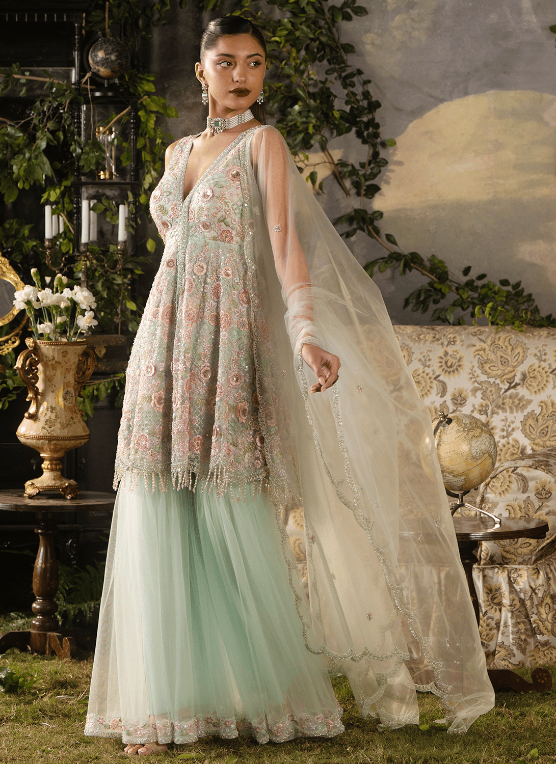 Soft Mint Embroidered Net Gharara - Lashkaraa