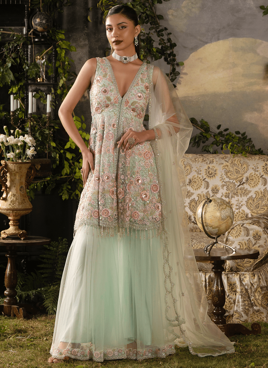 Soft Mint Embroidered Net Gharara - Lashkaraa