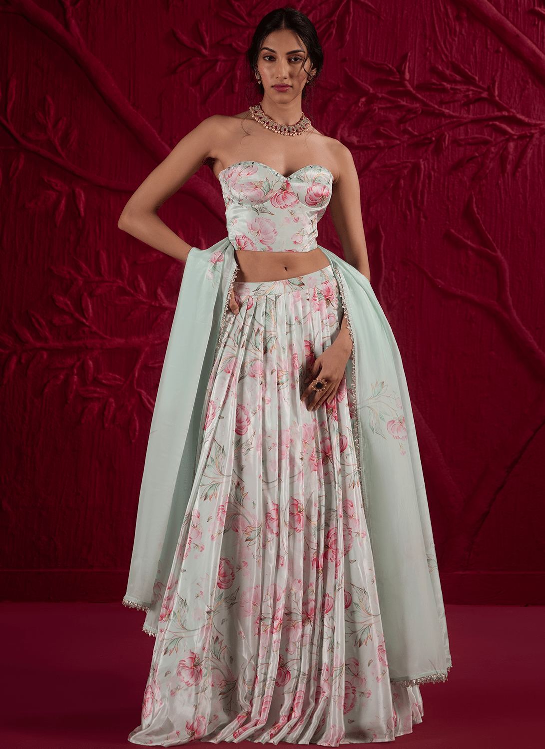 Soft Mint Green Floral Embroidered Crepe Silk Lehenga - Lashkaraa