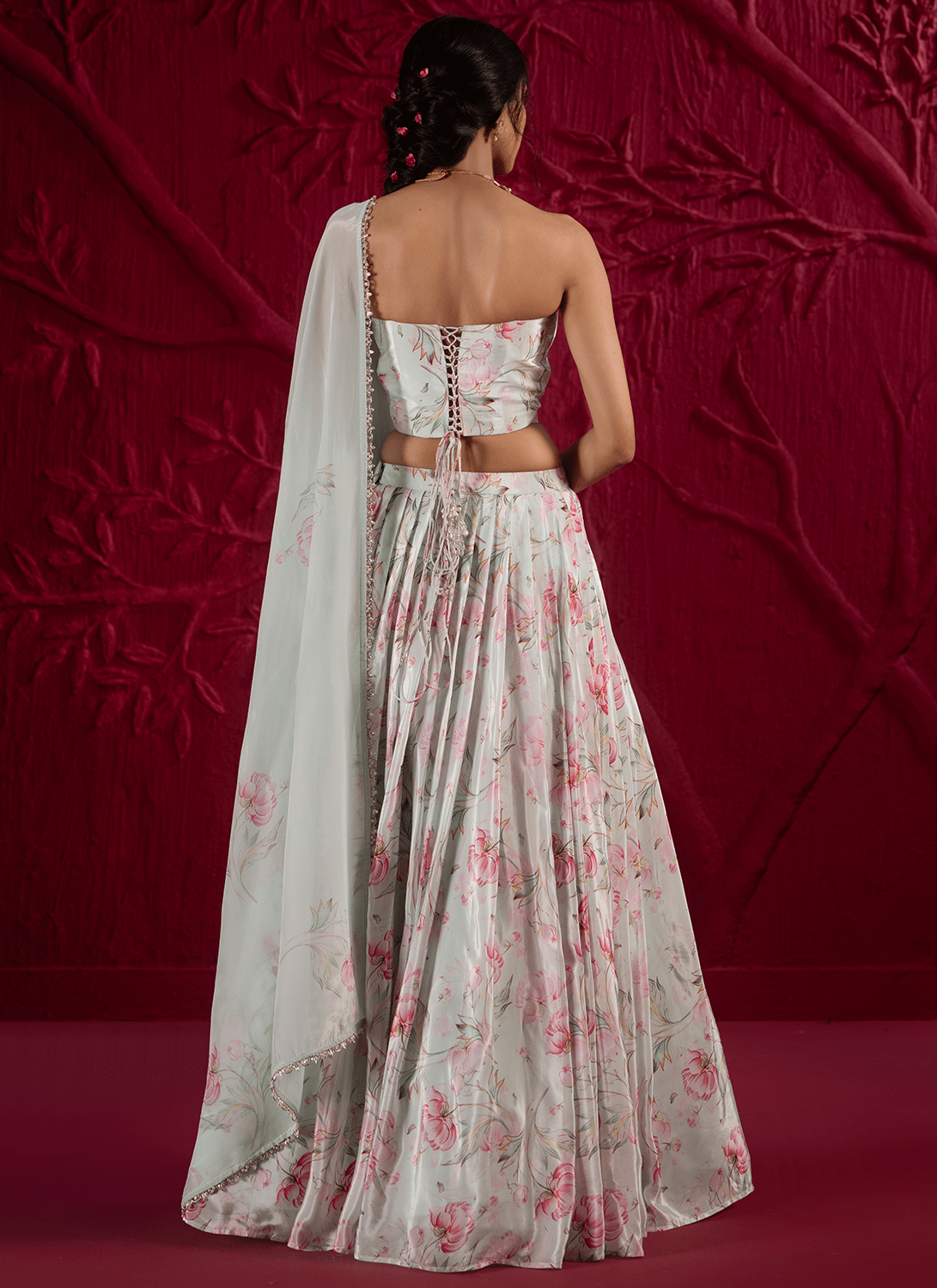 Soft Mint Green Floral Embroidered Crepe Silk Lehenga - Lashkaraa