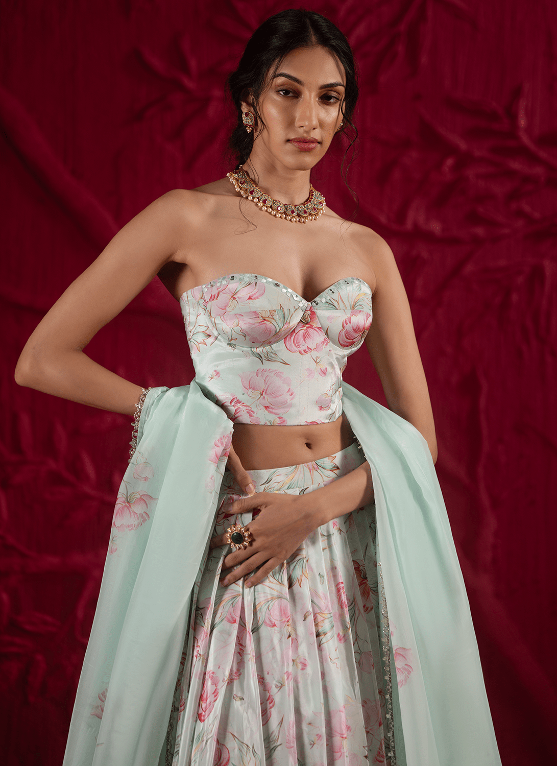 Soft Mint Green Floral Embroidered Crepe Silk Lehenga - Lashkaraa