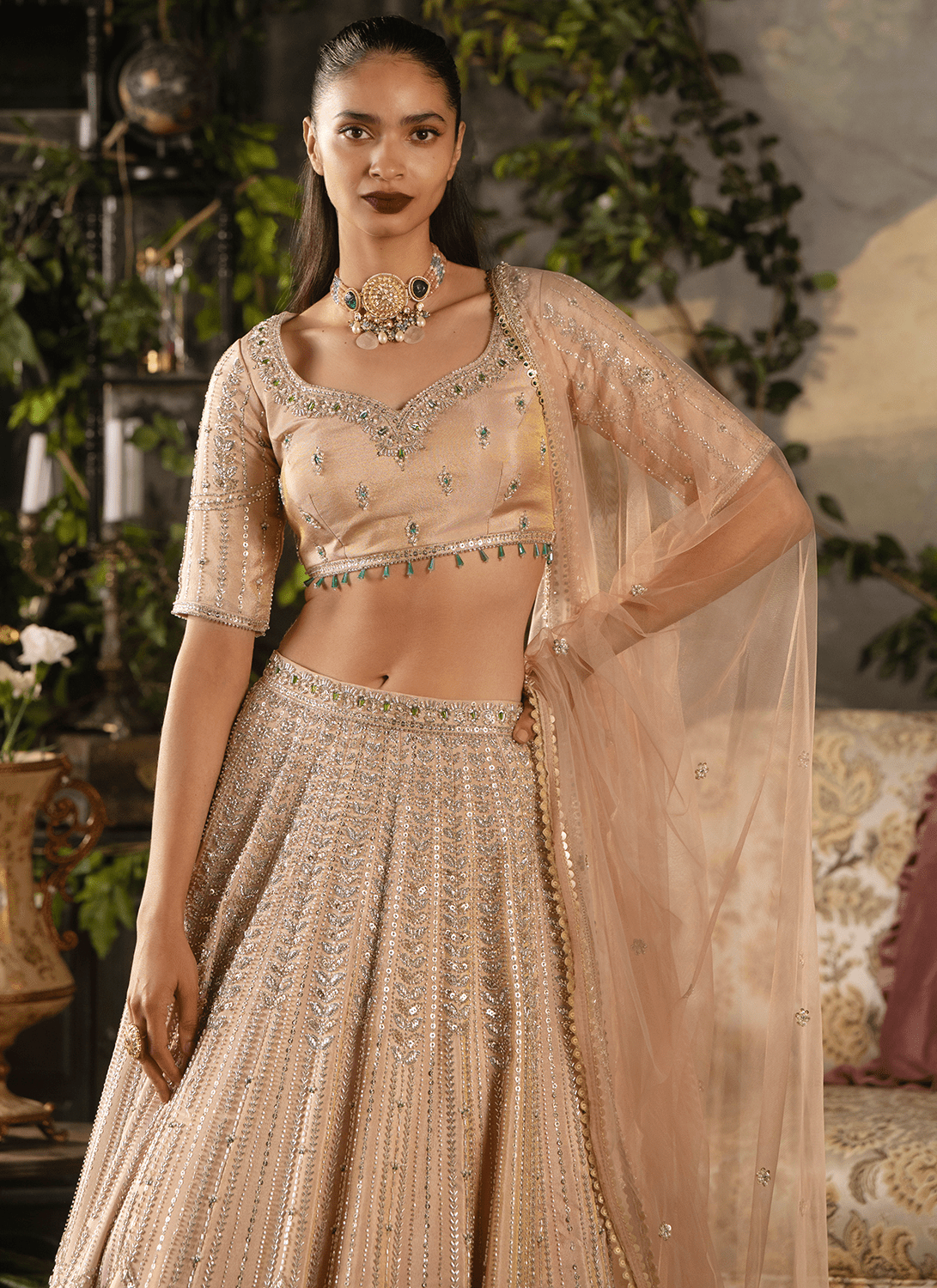 Soft Peach Embroidered Tissue Lehenga - Lashkaraa