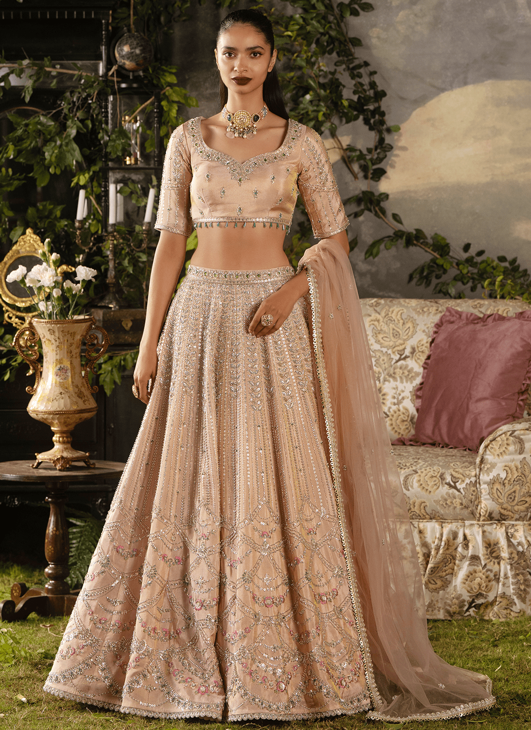 Soft Peach Embroidered Tissue Lehenga - Lashkaraa