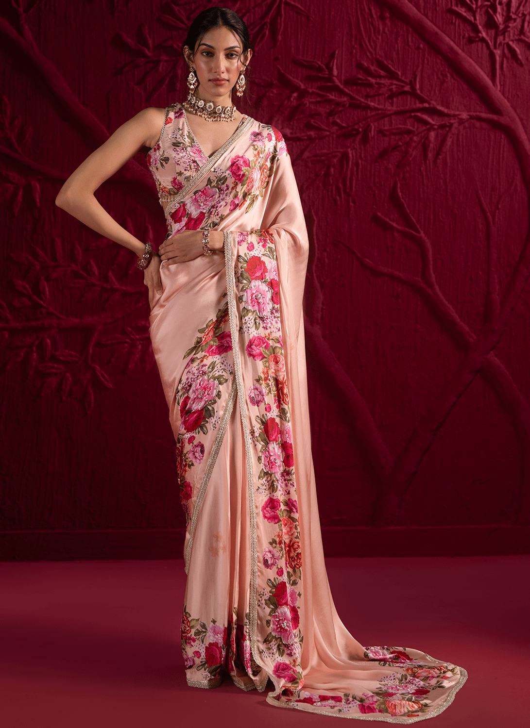 Soft Peach Floral Embroidered Satin Georgette Saree - Lashkaraa