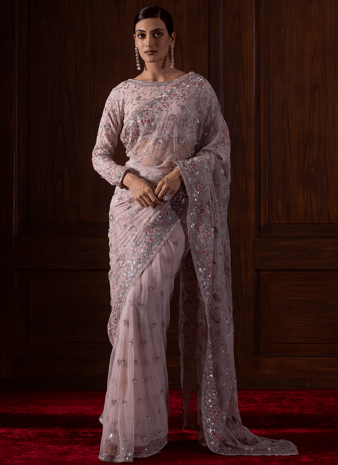Soft Pink Embroidered Net Saree - Lashkaraa